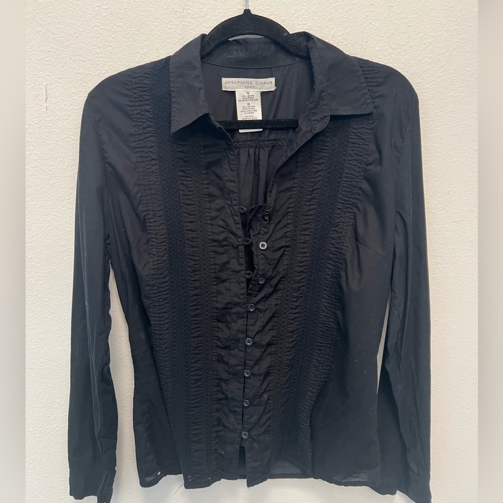 100% Cotton - Josephine Chaus Sport Black Button Front Pintuck Blouse Size 10